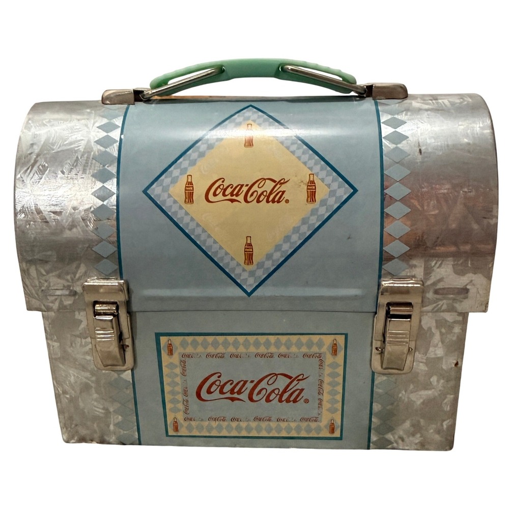 Coca-Cola Workbox Tin Dome Lunch Box Style Storage Blue Galvanized Metal 6x5x3in
